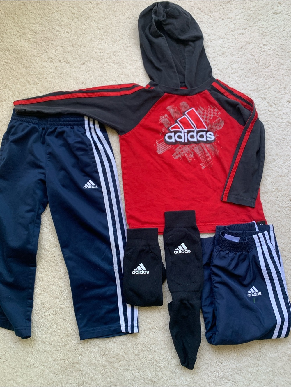 Adidas 3T Bundle: Long sleeve Hoodie, Track Pants, Soccer Socks with bonus pants